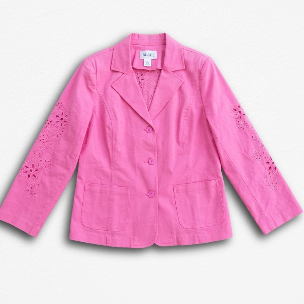 Susan Graver Style Pink Floral Eyelet Embroidered‎ Blazer Jacket Womens Medium